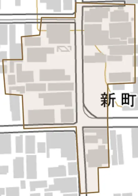 新町とその周辺の地図。町の範囲を重ねている
