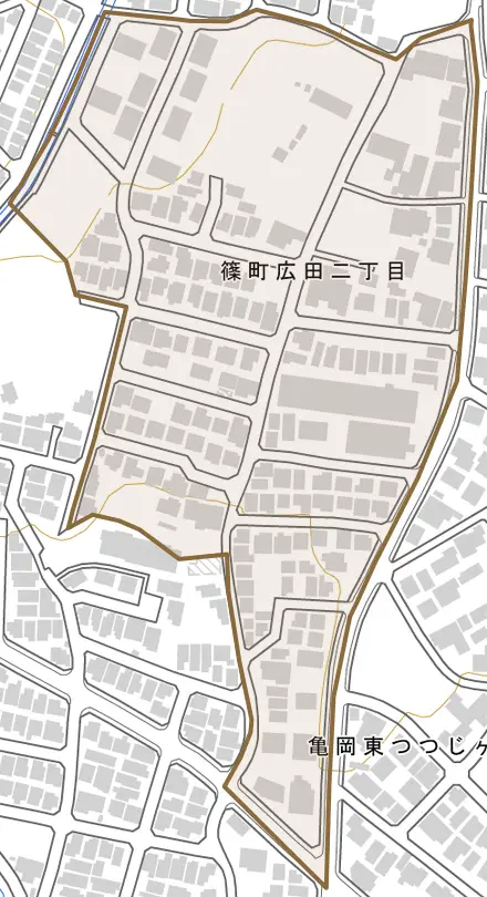篠町広田とその周辺の地図。町の範囲を重ねている