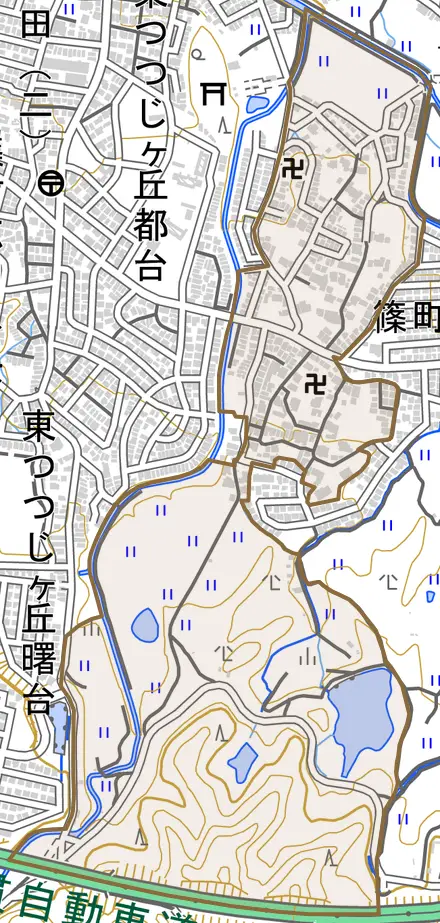 篠町森とその周辺の地図。町の範囲を重ねている