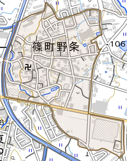 篠町野条とその周辺の地図。町の範囲を重ねている