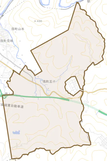 篠町王子とその周辺の地図。町の範囲を重ねている