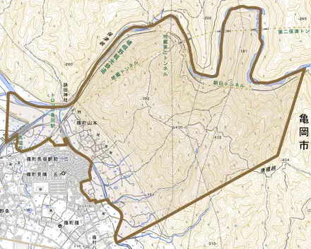 篠町山本とその周辺の地図。町の範囲を重ねている