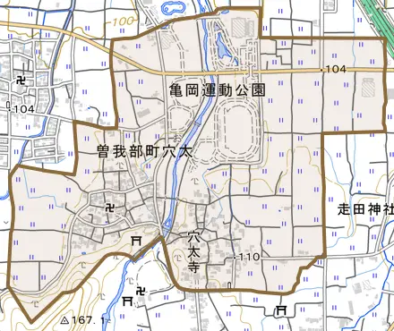 曽我部町穴太とその周辺の地図。町の範囲を重ねている