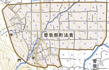 曽我部町法貴とその周辺の地図。町の範囲を重ねている