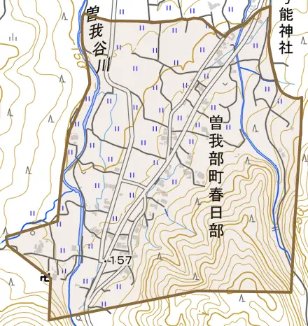 曽我部町春日部とその周辺の地図。町の範囲を重ねている