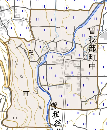 曽我部町中とその周辺の地図。町の範囲を重ねている