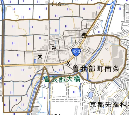 曽我部町南条とその周辺の地図。町の範囲を重ねている