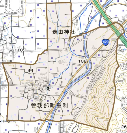 曽我部町重利とその周辺の地図。町の範囲を重ねている