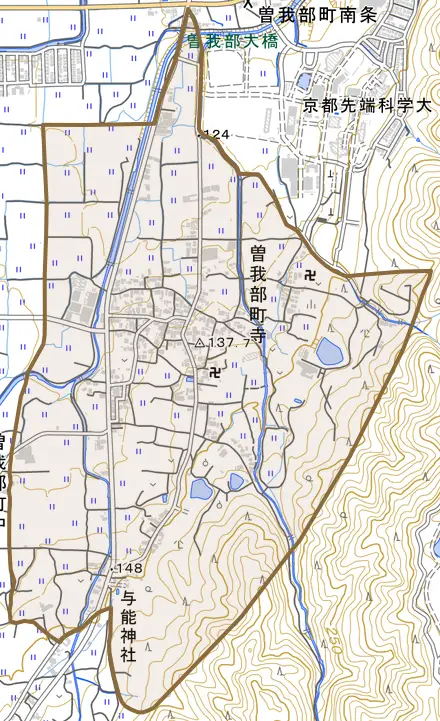 曽我部町寺とその周辺の地図。町の範囲を重ねている