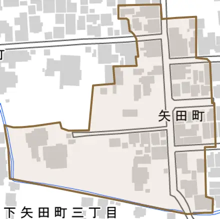 矢田町とその周辺の地図。町の範囲を重ねている