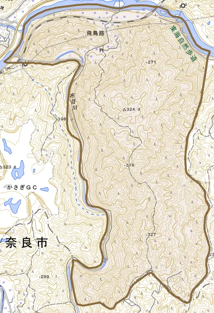大字飛鳥路とその周辺の地図。町の範囲を重ねている
