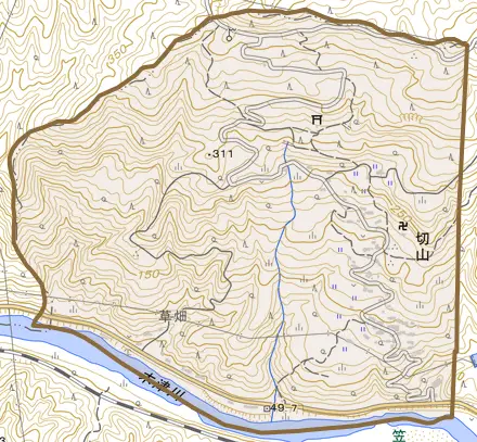 大字切山とその周辺の地図。町の範囲を重ねている
