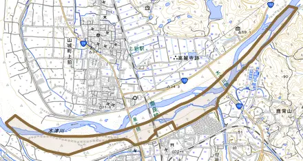 木津とその周辺の地図。町の範囲を重ねている