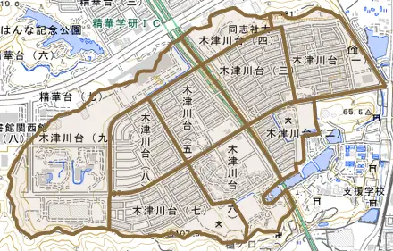 木津川台とその周辺の地図。町の範囲を重ねている