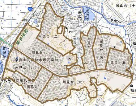 州見台とその周辺の地図。町の範囲を重ねている