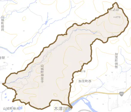 山城町神童子とその周辺の地図。町の範囲を重ねている