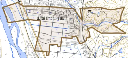 山城町北河原とその周辺の地図。町の範囲を重ねている