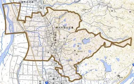 山城町椿井とその周辺の地図。町の範囲を重ねている