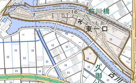 東一口とその周辺の地図。町の範囲を重ねている