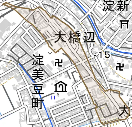 大橋辺とその周辺の地図。町の範囲を重ねている