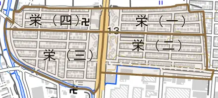 栄とその周辺の地図。町の範囲を重ねている