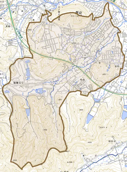 中台とその周辺の地図。町の範囲を重ねている