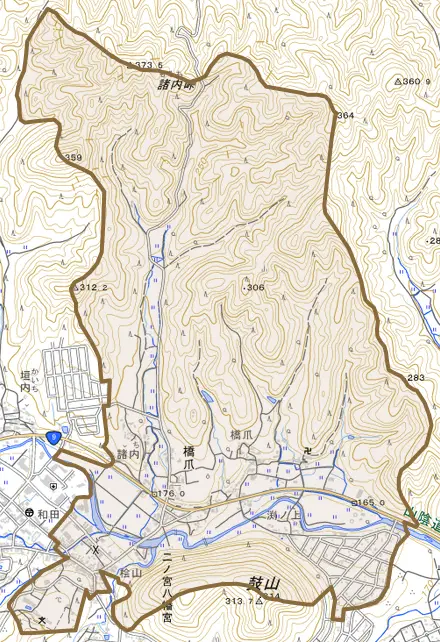 橋爪とその周辺の地図。町の範囲を重ねている