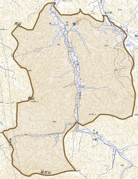 八田とその周辺の地図。町の範囲を重ねている