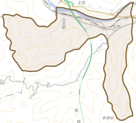 広野とその周辺の地図。町の範囲を重ねている