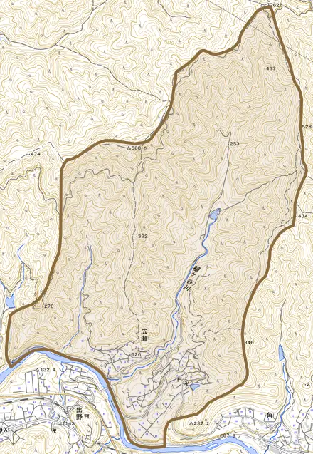 広瀬とその周辺の地図。町の範囲を重ねている