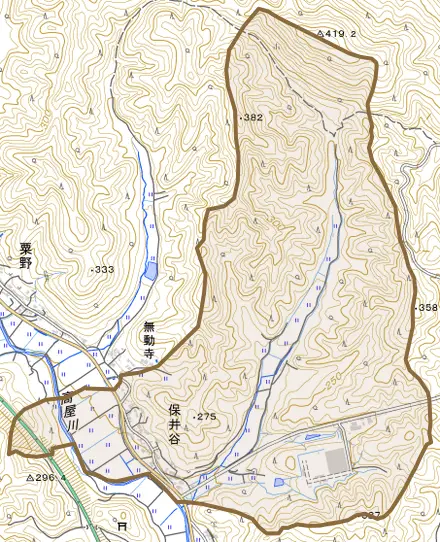 保井谷とその周辺の地図。町の範囲を重ねている