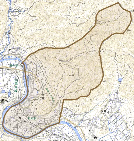 本庄とその周辺の地図。町の範囲を重ねている