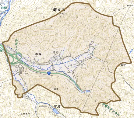 市森とその周辺の地図。町の範囲を重ねている