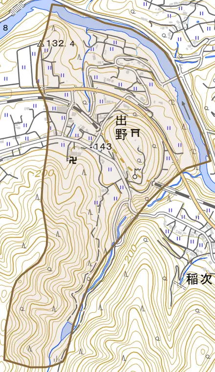 出野とその周辺の地図。町の範囲を重ねている