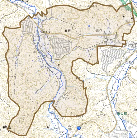 井尻とその周辺の地図。町の範囲を重ねている
