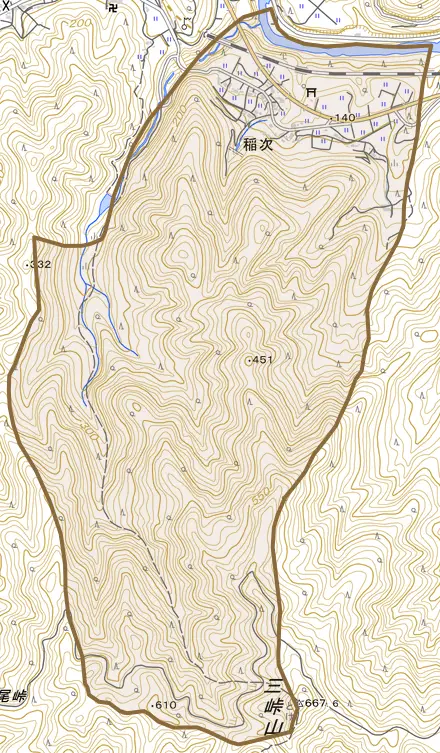 稲次とその周辺の地図。町の範囲を重ねている