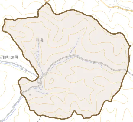 猪鼻とその周辺の地図。町の範囲を重ねている