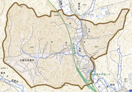 井脇とその周辺の地図。町の範囲を重ねている