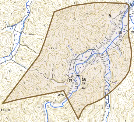 鎌谷中とその周辺の地図。町の範囲を重ねている