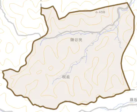 鎌谷奥とその周辺の地図。町の範囲を重ねている