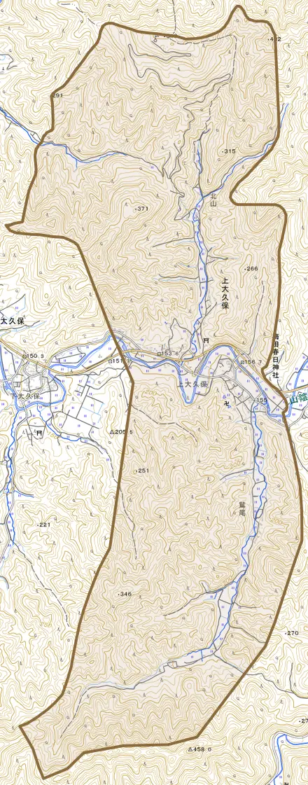 上大久保とその周辺の地図。町の範囲を重ねている
