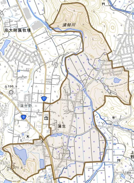 蒲生とその周辺の地図。町の範囲を重ねている