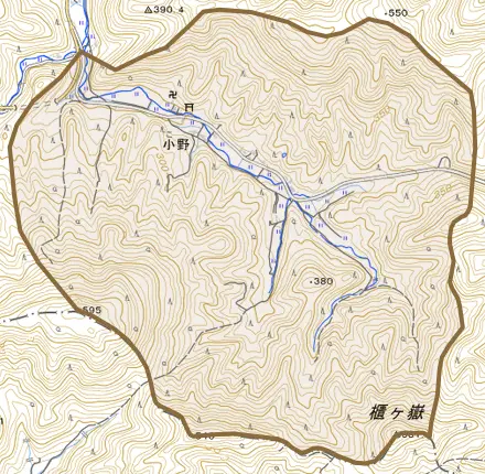 小野とその周辺の地図。町の範囲を重ねている