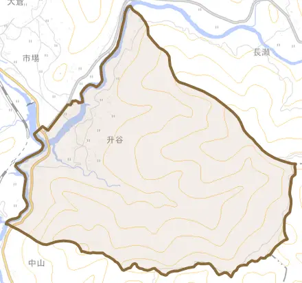 升谷とその周辺の地図。町の範囲を重ねている
