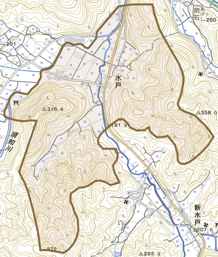 水戸とその周辺の地図。町の範囲を重ねている