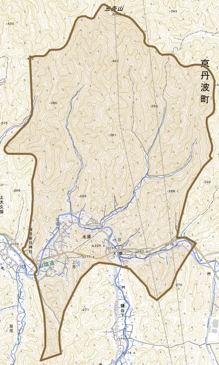 水原とその周辺の地図。町の範囲を重ねている