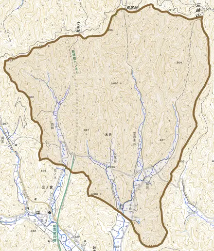 水呑とその周辺の地図。町の範囲を重ねている