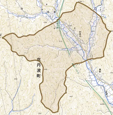 妙楽寺とその周辺の地図。町の範囲を重ねている