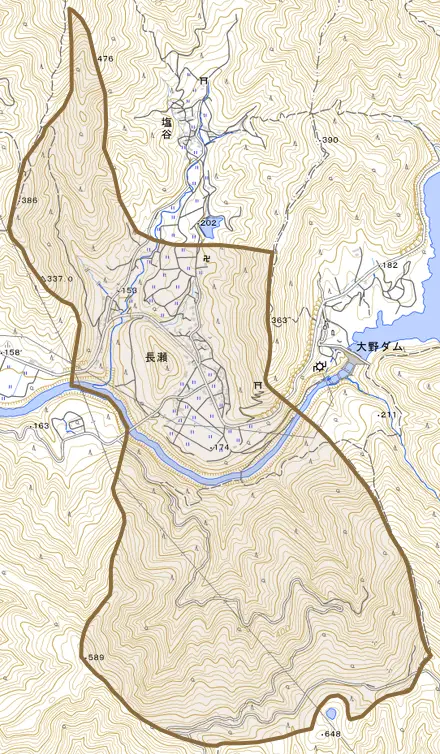 長瀬とその周辺の地図。町の範囲を重ねている