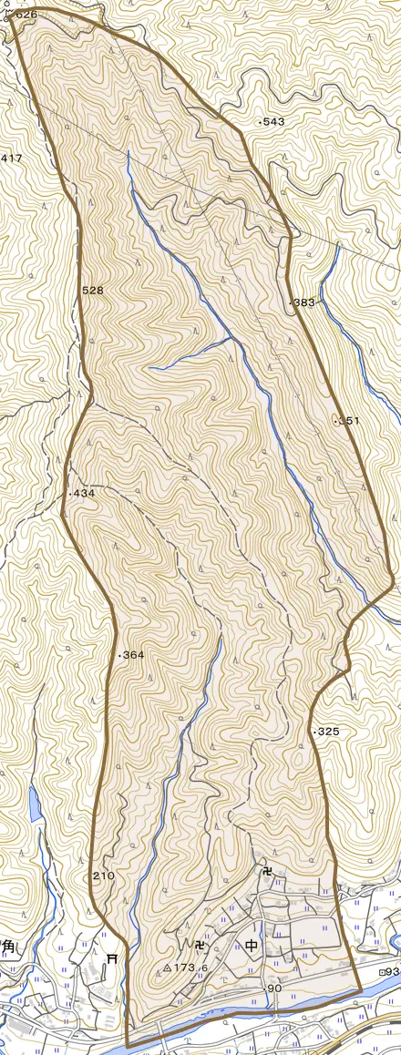中とその周辺の地図。町の範囲を重ねている
